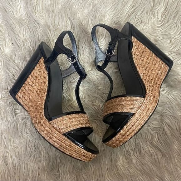 Stuart Weitzman | Natural Straw Espadrille Patent Leather Wedge Platform Sandals - Picture 2 of 11